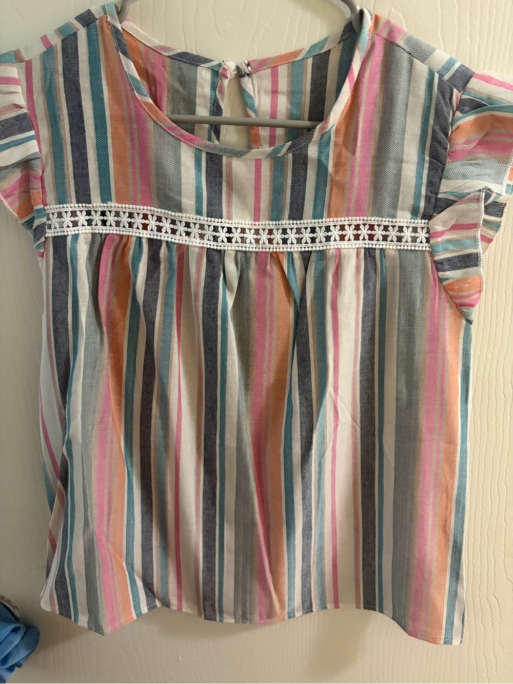 Striped Multicolor Flutter Sleeve Top - Pink, Teal, Peach, Gray